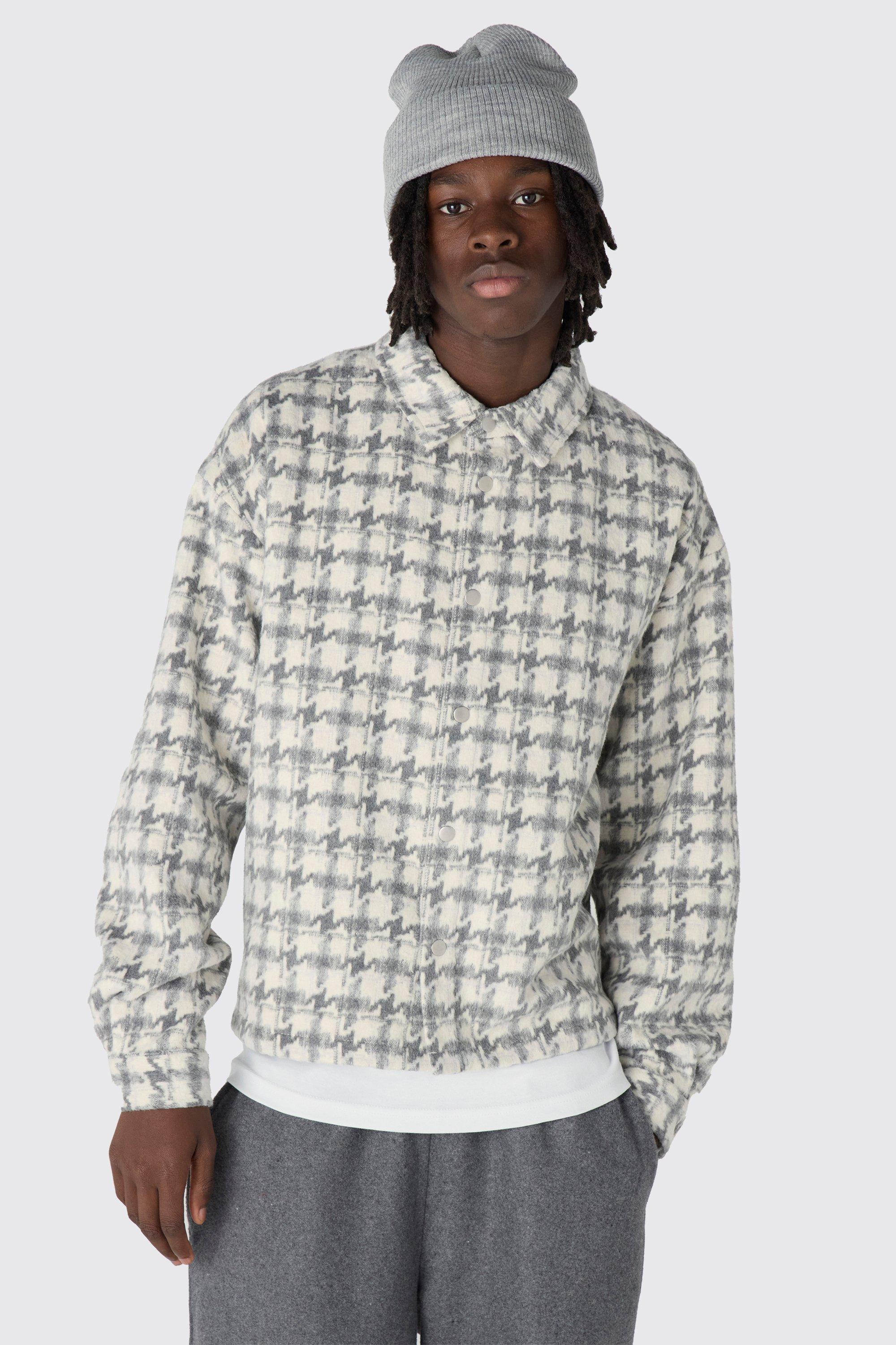 Heavyweight Oversized Brushed Houndstooth Overshirt | boohooMAN USA Product Image