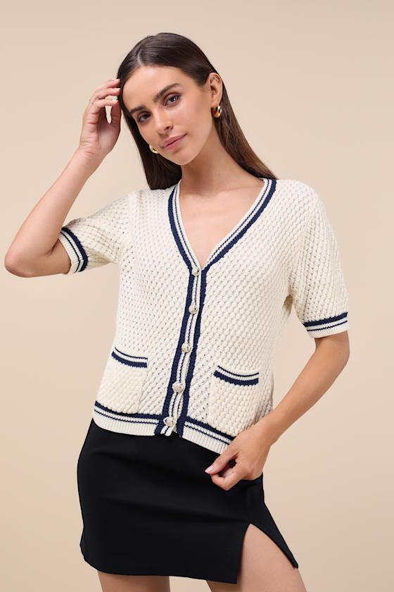 Upscale Inclination Ivory Short Sleeve Button-Front Sweater Top Product Image