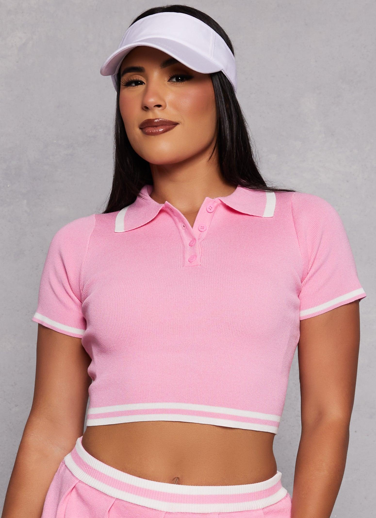 Womens Daisy Knit Varsity Stripe Cropped Polo Shirt Product Image