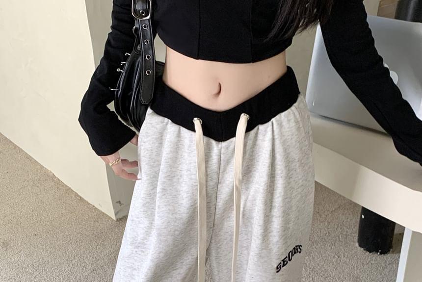 Drawstring Waist Lettering Embroidered Panel Wide Leg Sweatpants Product Image