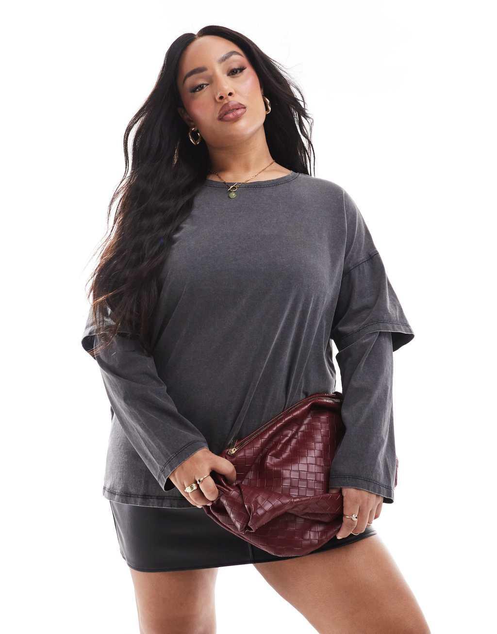 ONLY Curve layered long sleeve top in washed gray  Product Image