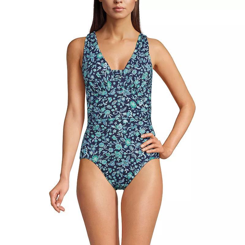 Womens Lands End Grecian Slendersuit Tummy Control One-Piece Swimsuit Dark Blue Product Image