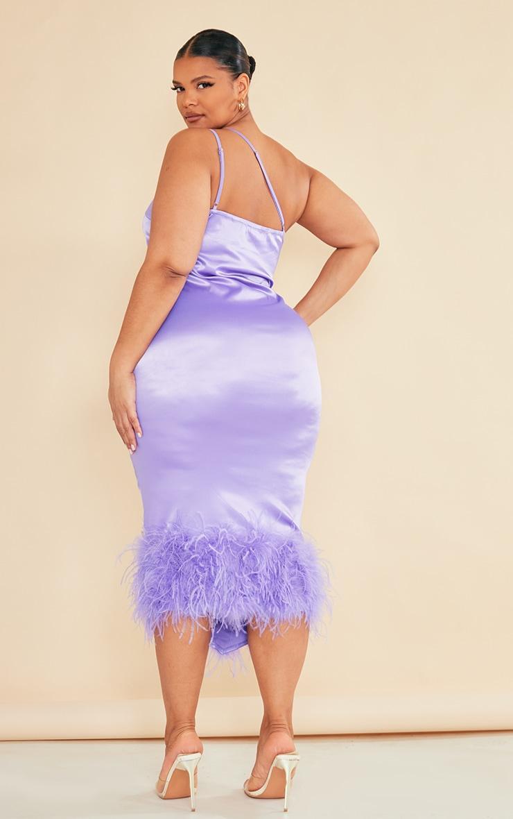  Plus Lilac Satin Feather Trim One Shoulder Midi Dress Product Image