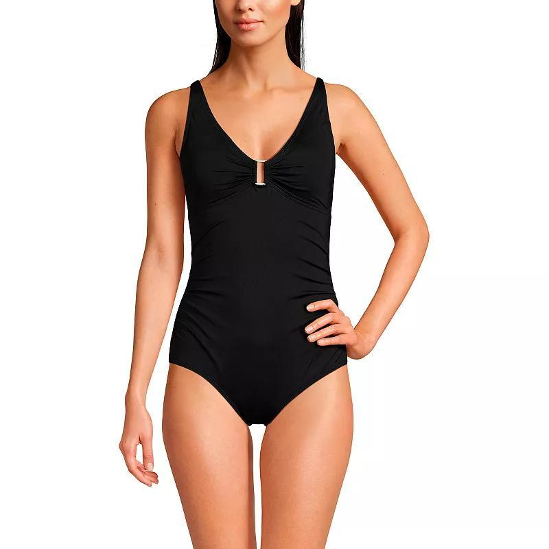 Lands End Womens Chlorine Resistant Shirred V-neck One Piece Swimsuit Product Image