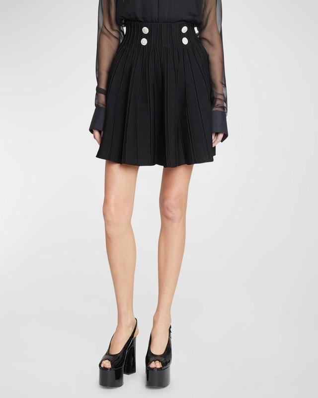 Balmain Crystal Embellished Button Flare Rib Knit Skirt Product Image