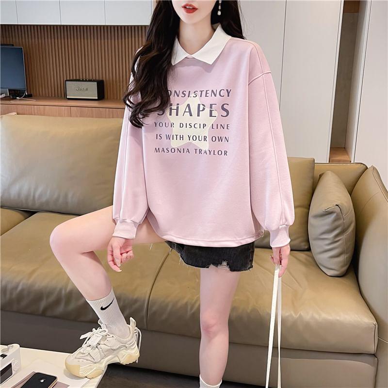 Contrast Collar Lettering Print Sweatshirt Product Image