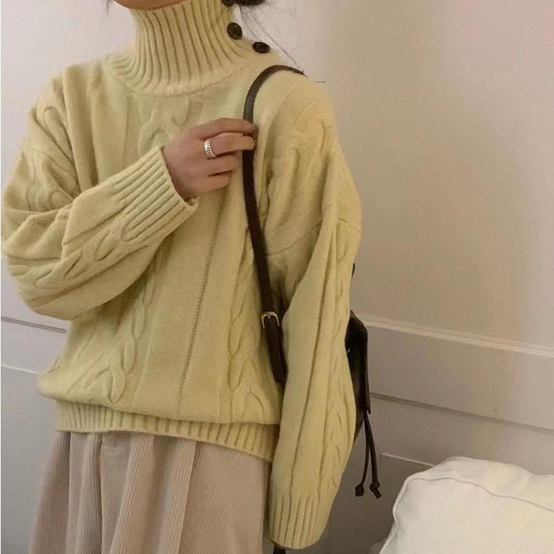 Long-Sleeve Turtleneck Plain Cable Knit Sweater Product Image