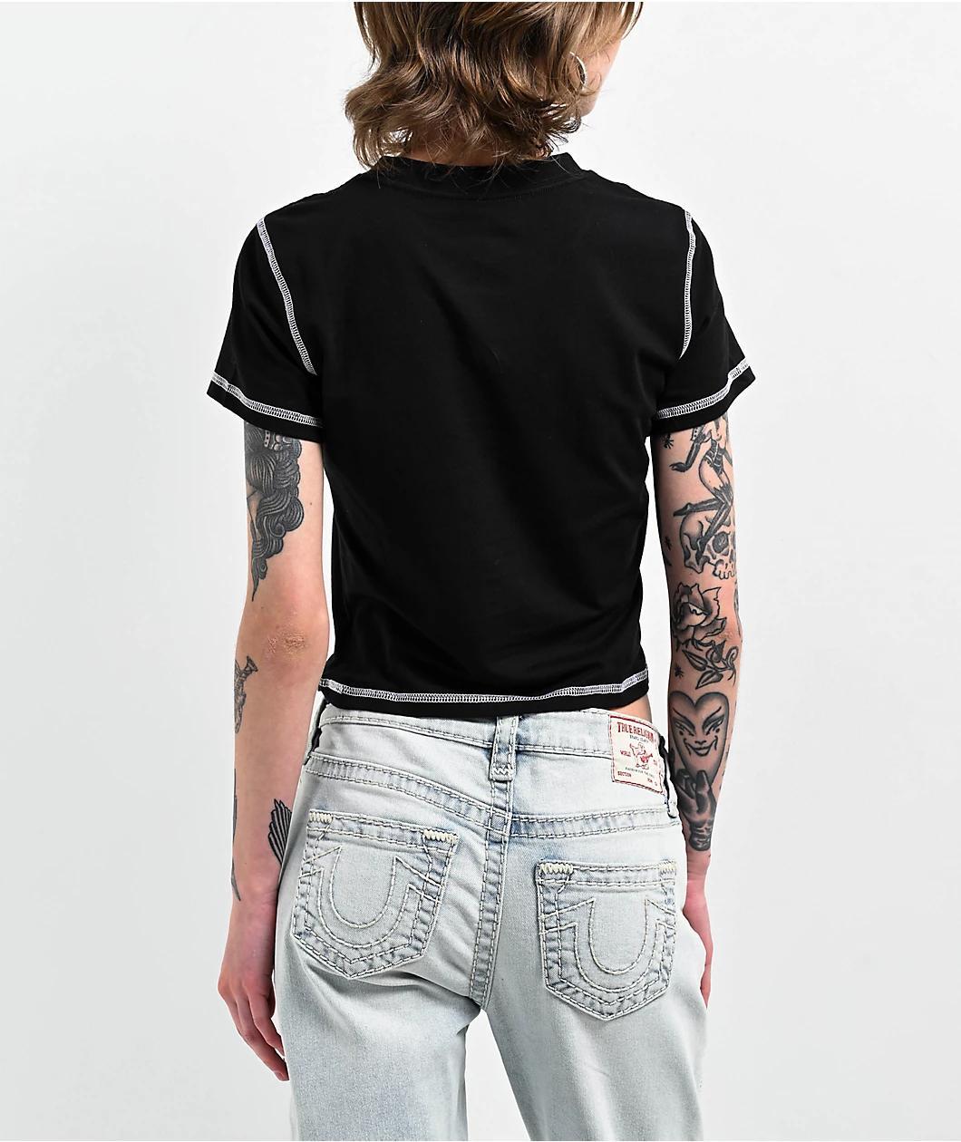 True Religion Contrast Stitch Black Crop T-Shirt Product Image