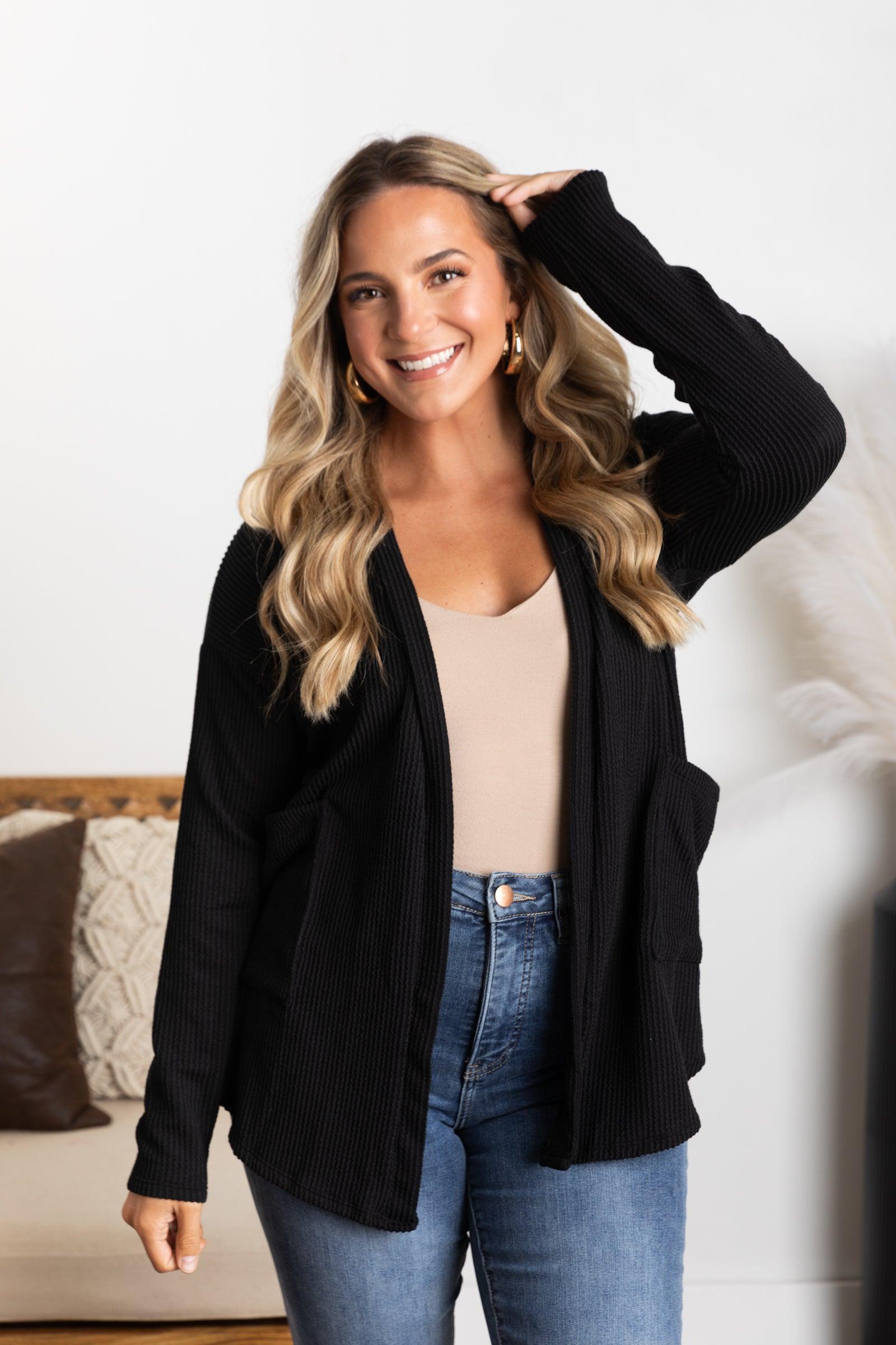 Solid Ribbed Cardigan With Pockets Product Image