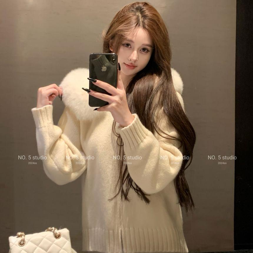 Fluffy Hooded Plain Knit Zip Cardigan Product Image