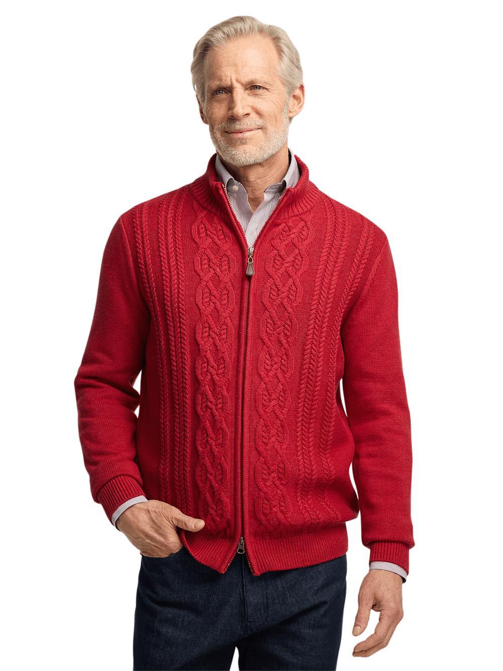 Cotton Cable Full Zip Mock Neck Sweater - Red Product Image