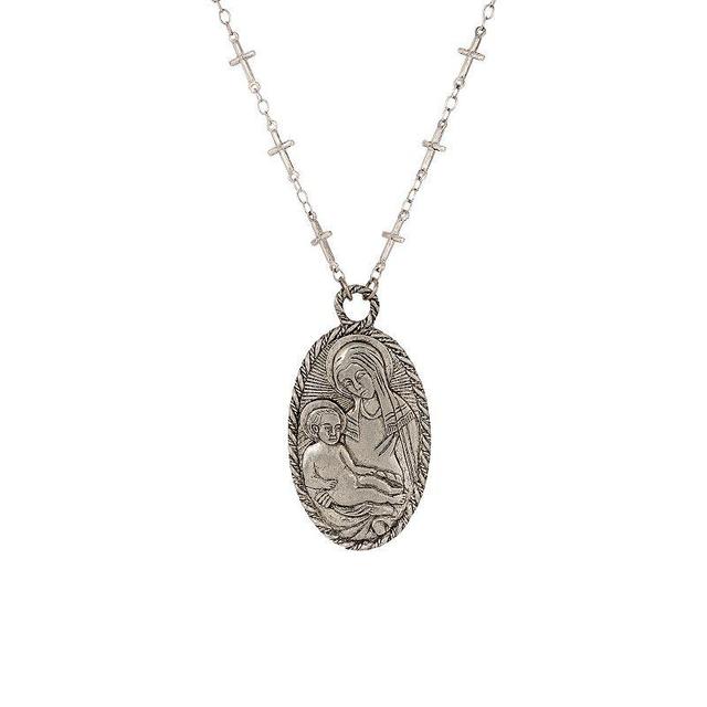 Symbols of Faith Silver Tone Oval Madonna & Child Pendant 26 Necklace, Womens Product Image