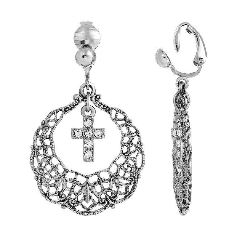 Symbols of Faith Crystal Cross Clip Earrings, Womens, Silver Tone Product Image