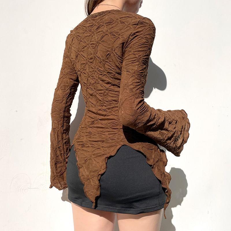 Bell Sleeve V-Neck Lace-Trim Bow Accent Ruched Slim-Fit Top Product Image