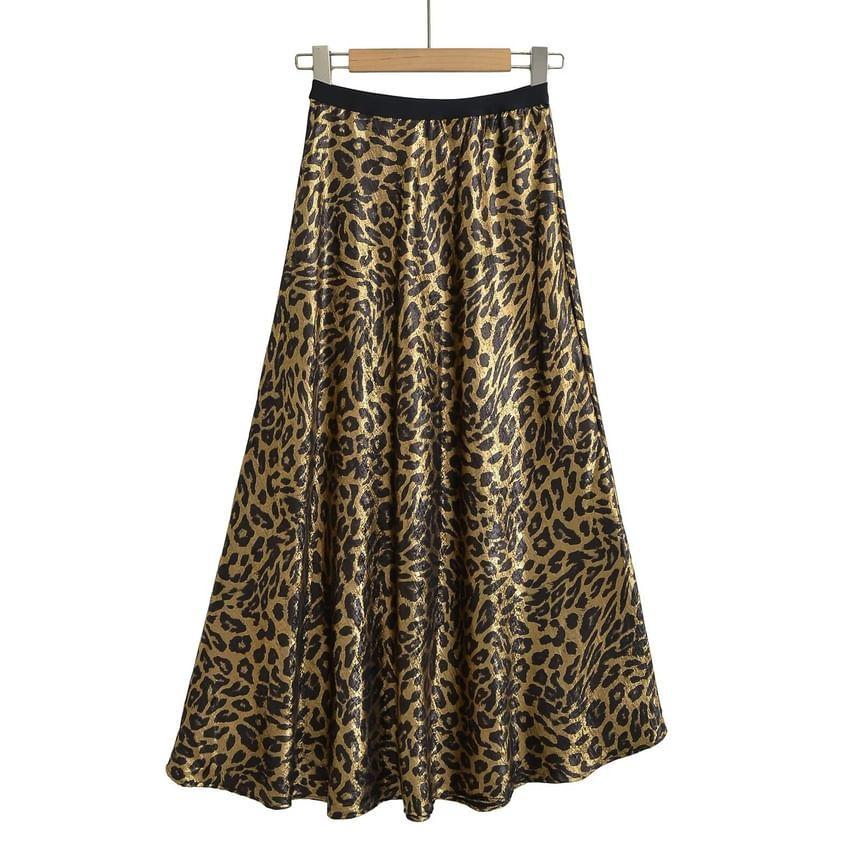 Low Waist Leopard Print Midi A-Line Skirt Product Image