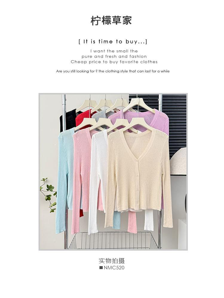 Long-Sleeve V-Neck Ribbed Light Cardigan in 9 Colors Product Image