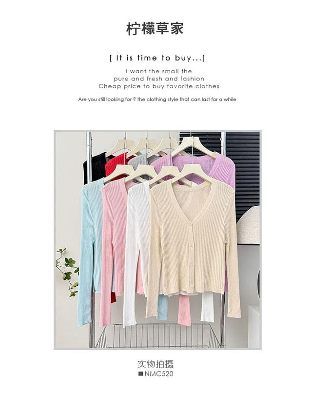 Long-Sleeve V-Neck Ribbed Light Cardigan in 9 Colors Product Image