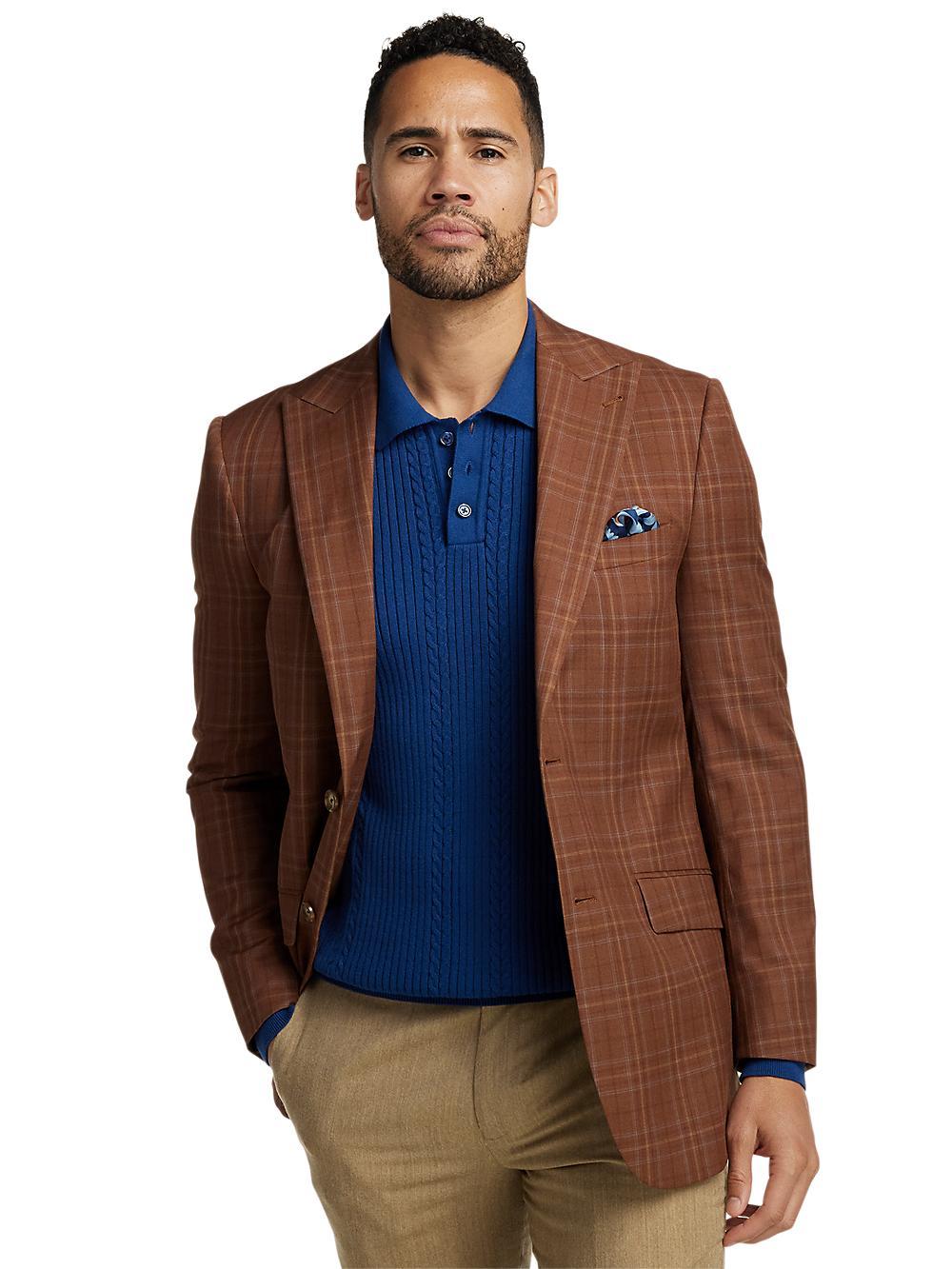 Wool Plaid Single Breasted Peak Lapel Sport Coat - Copper Plaid Product Image