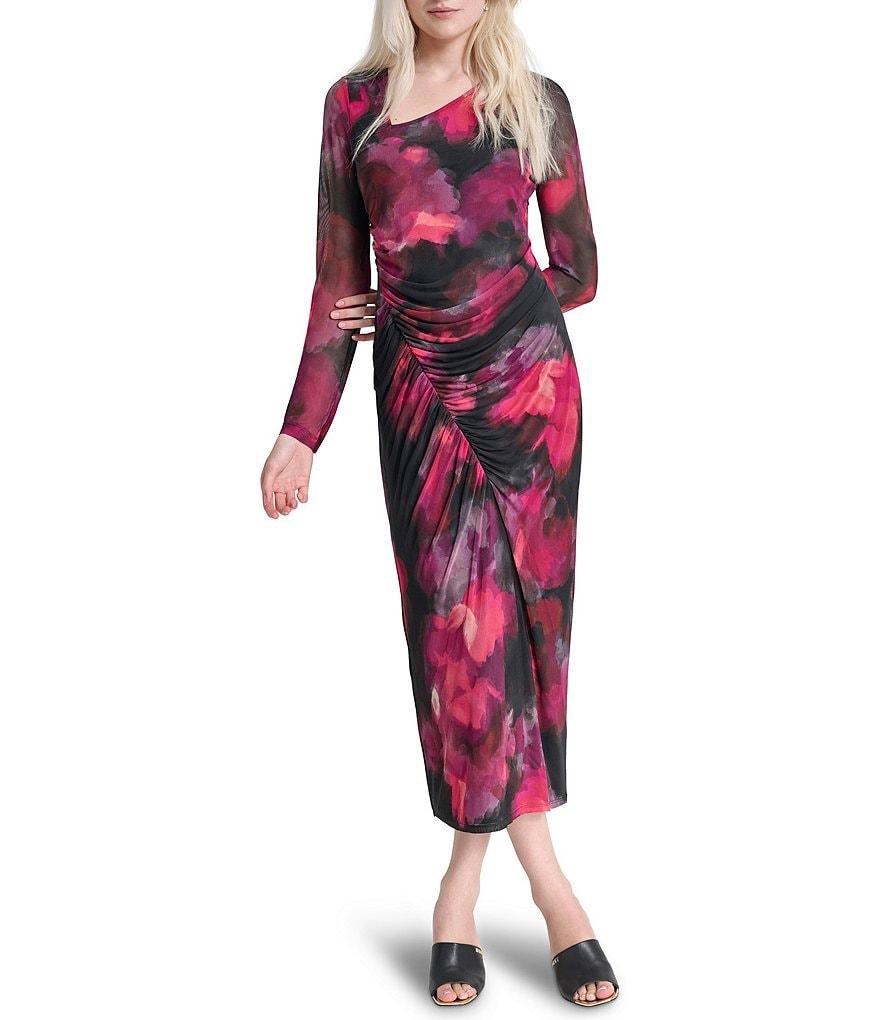 DKNY by Donna Karan Printed Knit Asymmetrical Neck Long Sleeves Cinched Sheath Dress Product Image