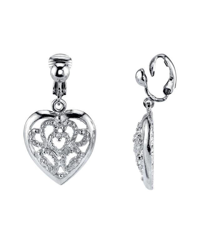 1928 Filigree Heart Clip-On Drop Earrings, Womens, White Product Image