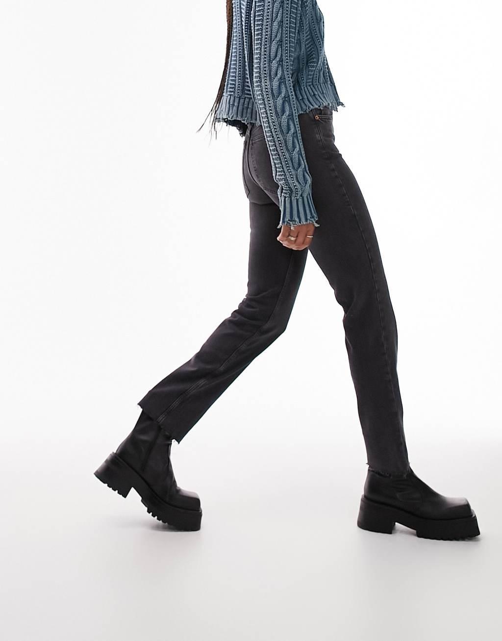 Topshop Tall cropped mid rise with raw hems straight jeans in washed black Product Image