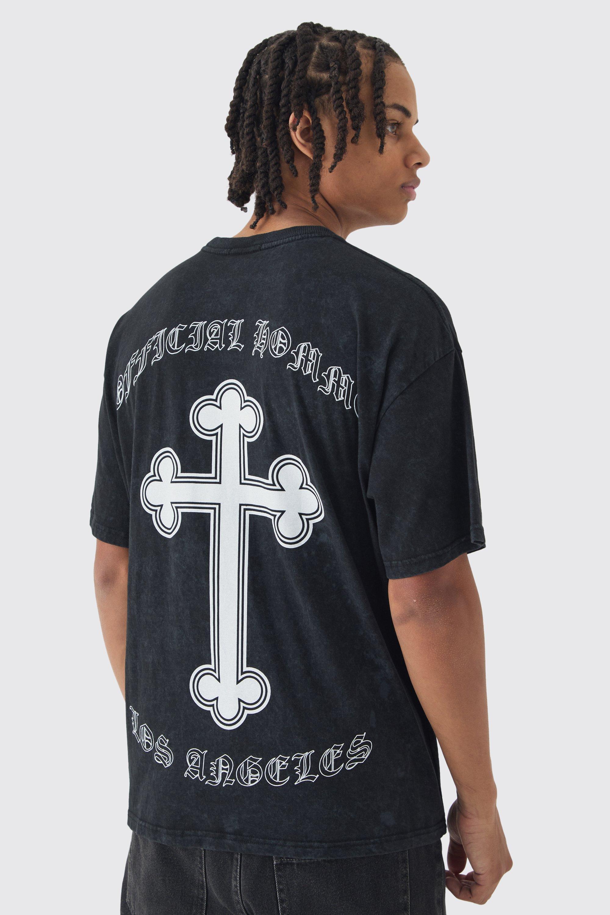 Oversized Boxy Acid Wash Cross Back Print T-Shirt | boohooMAN USA Product Image