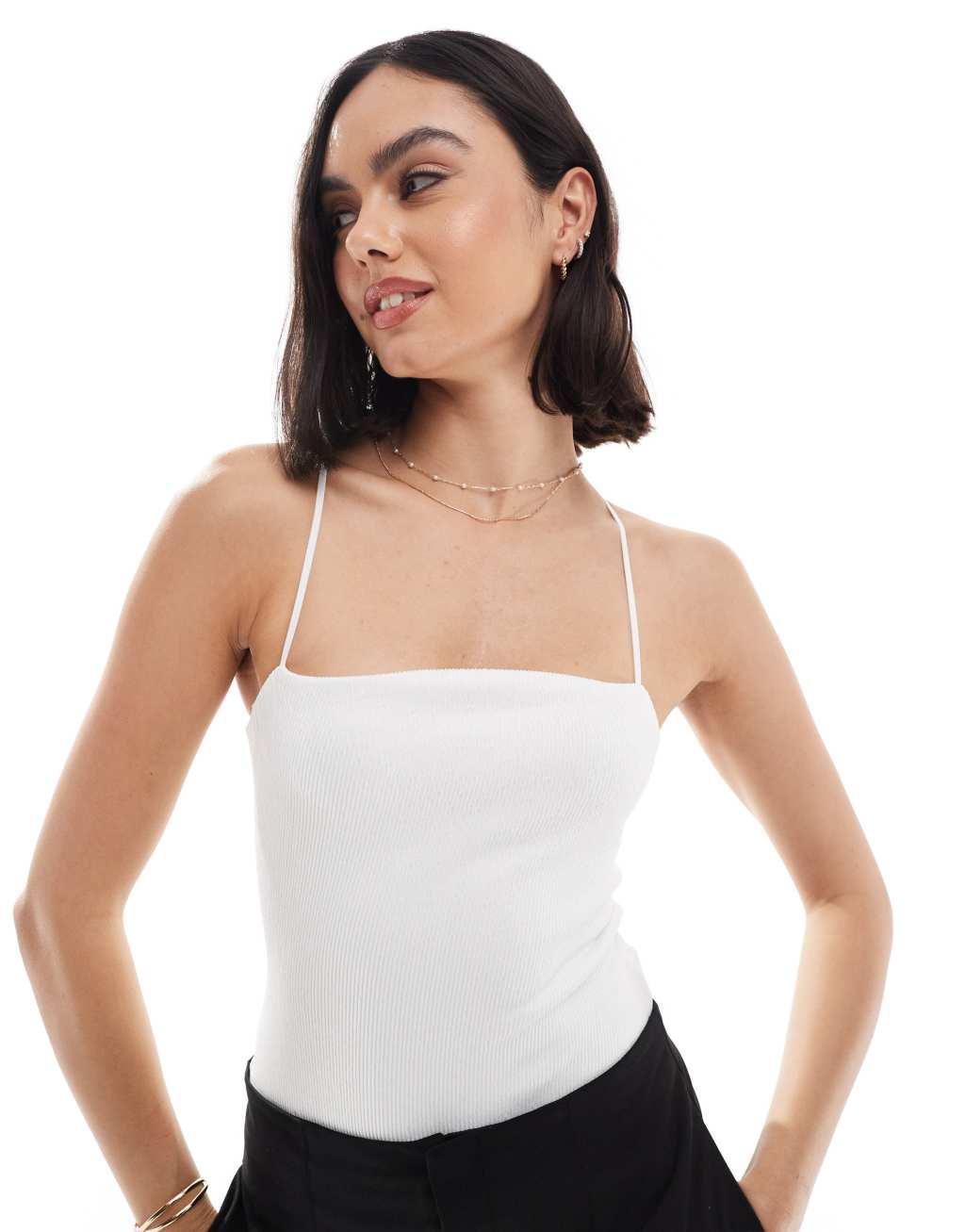 Bershka straight neck crinkle bodysuit in white Product Image