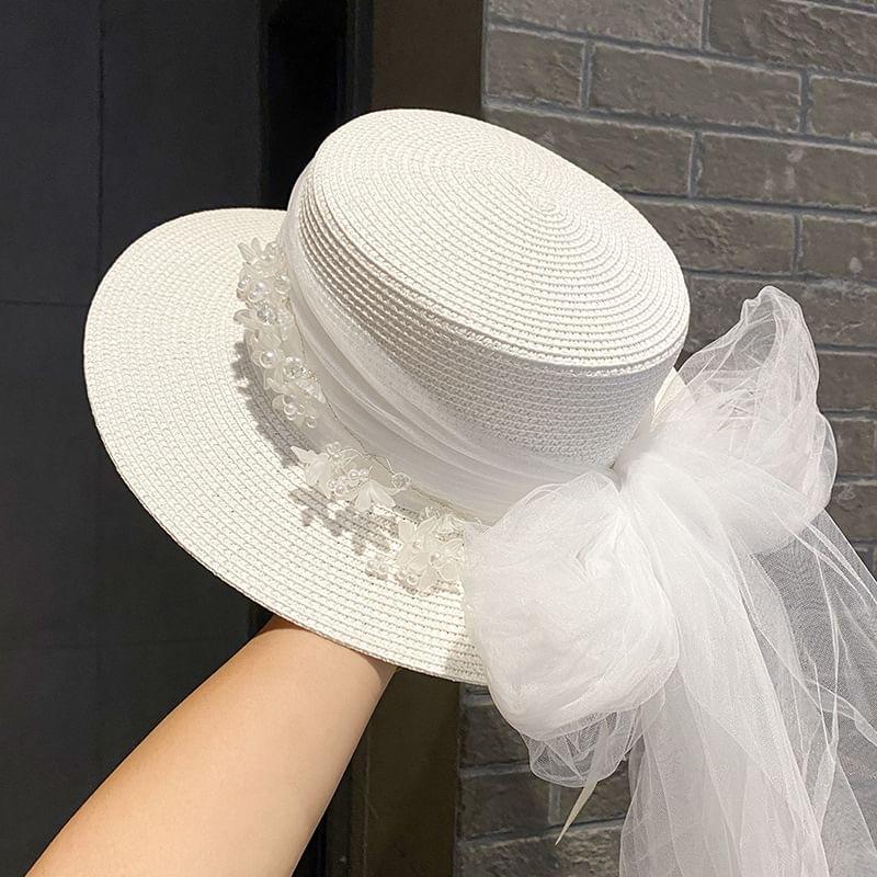 Faux Pearl Floral Mesh Bow Boater Hat product image