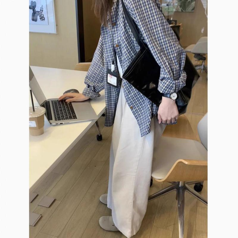 Long-Sleeve Plaid Oversized Shirt Product Image