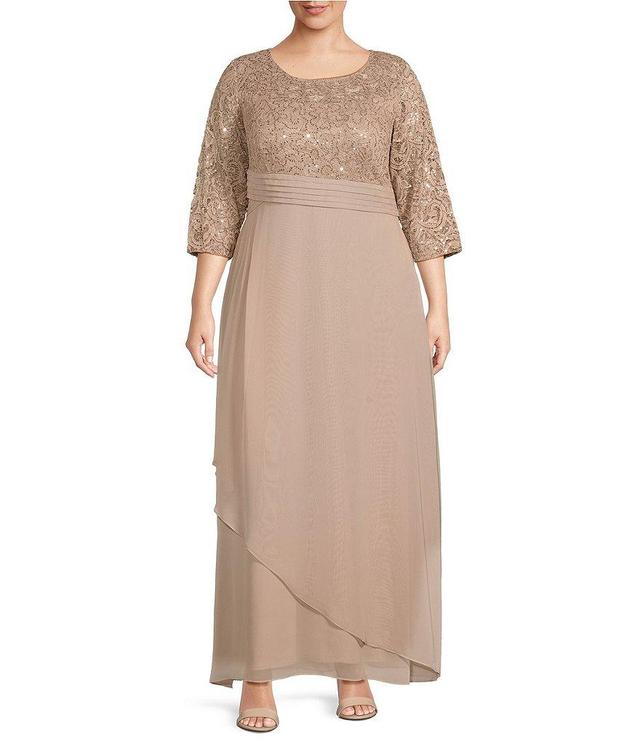 Alex Evenings Plus Size 3/4 Sleeve Crew Neck Overlay Skirt Sequin Lace Empire Waist Gown Product Image