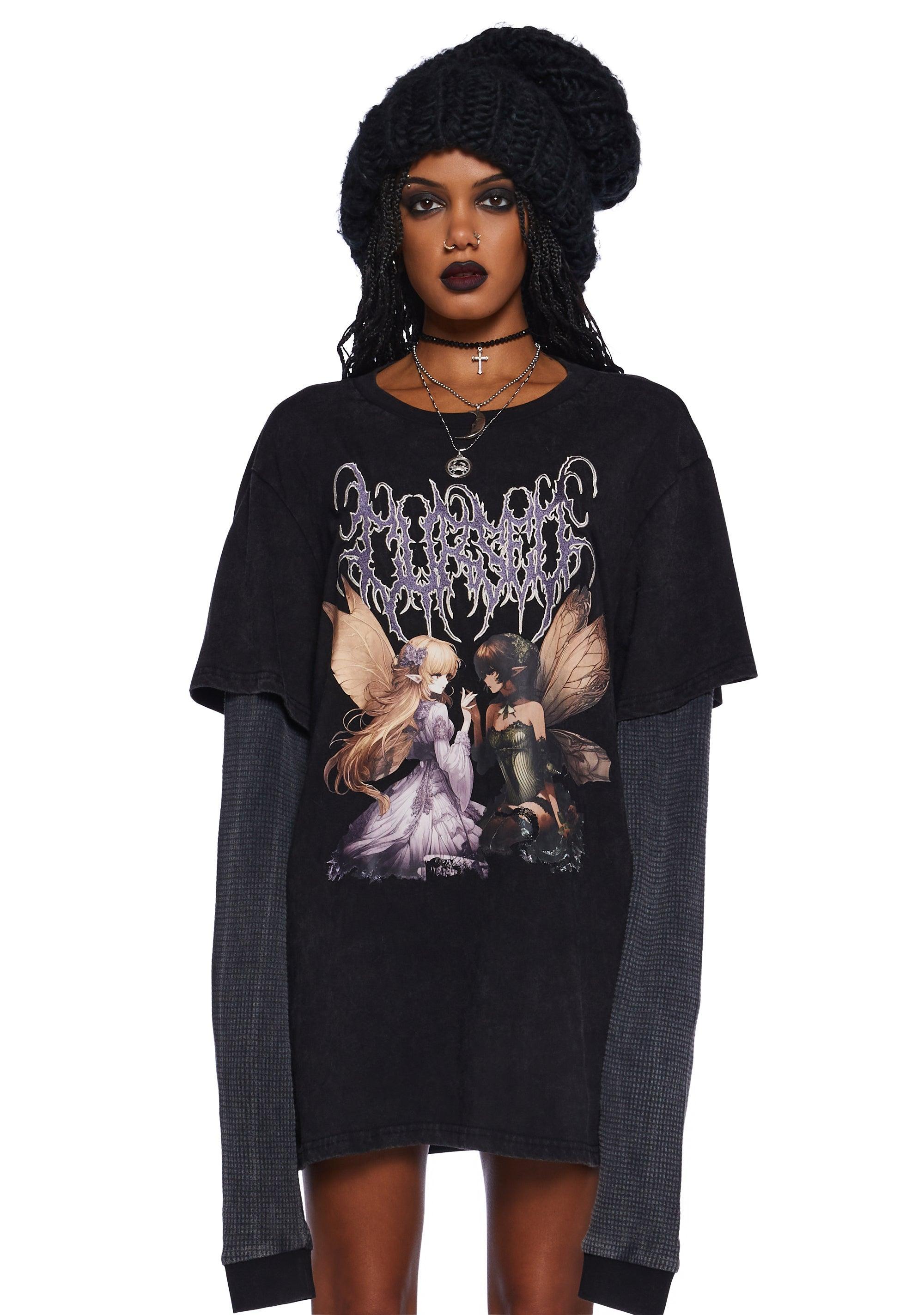 Widow Grunge Stretchy Washed Knit Embroidered Fairy Graphic Print Waffle Knit Long Sleeve Oversized Tee - Black product image