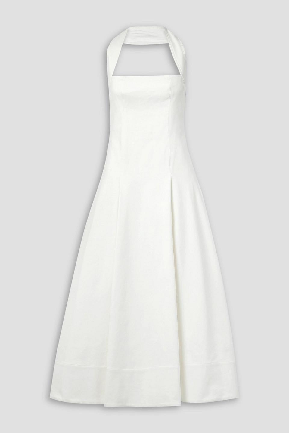 Lalita Pleated Cotton-blend Twill Halterneck Midi Dress In White Product Image