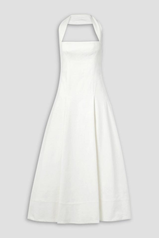 Lalita Pleated Cotton-blend Twill Halterneck Midi Dress In White Product Image