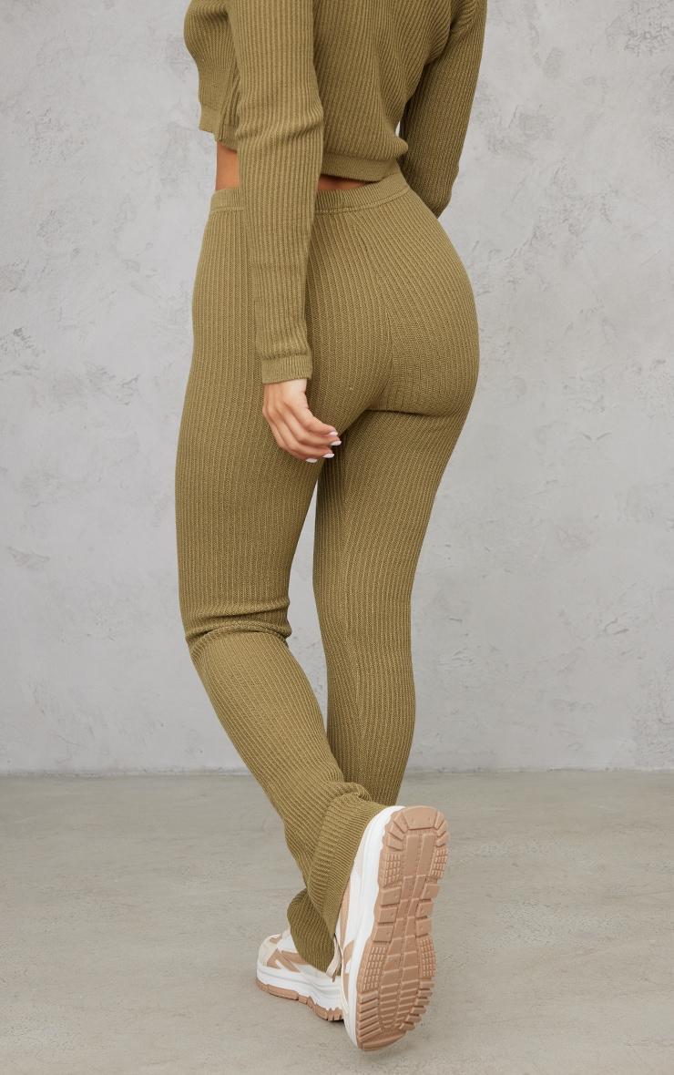 Petite Khaki Knitted Rib High Waisted Skinny Flare Pants Product Image