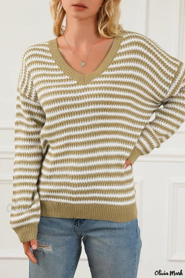 Olivia Mark – Contemporary Khaki Striped Knit V Neck Drop Shoulder Sweater Product Image