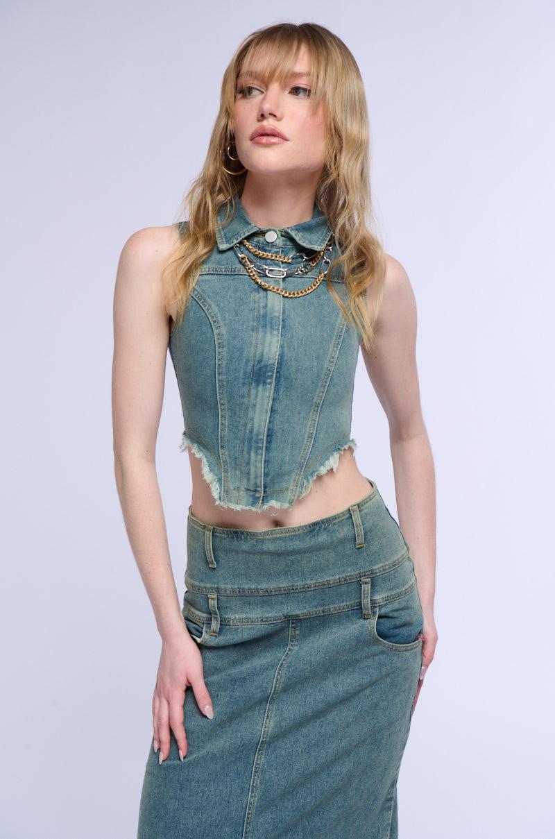 STERLING SLEEVELESS DENIM COLLARED TOP Product Image