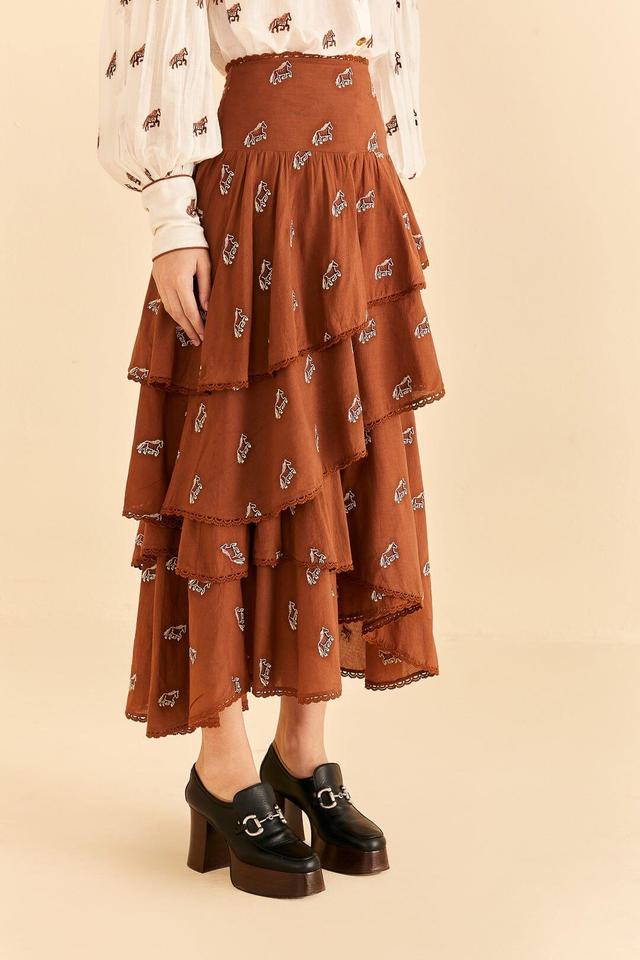 Caramel Embroidered Horses Layered Maxi Skirt Product Image