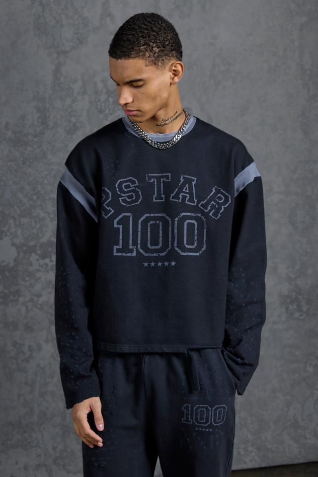 P-Star Oversized Cropped Sweatshirt with 100 Print | boohooMAN USA Product Image