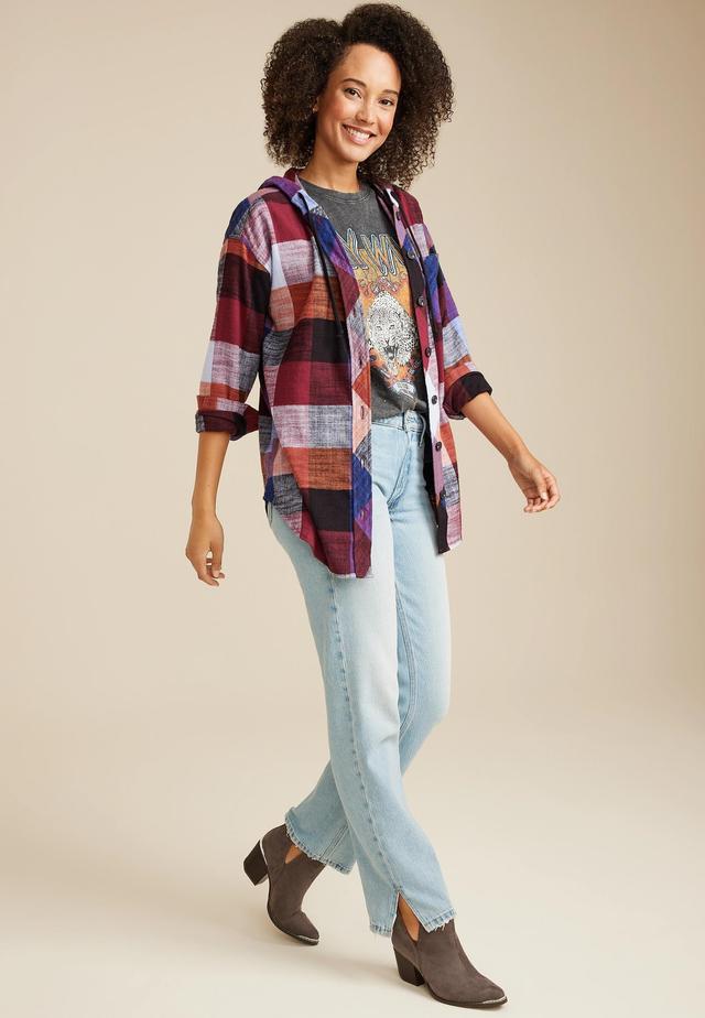 Cabin Plaid Boyfriend Hooded Button Down Shirt Product Image