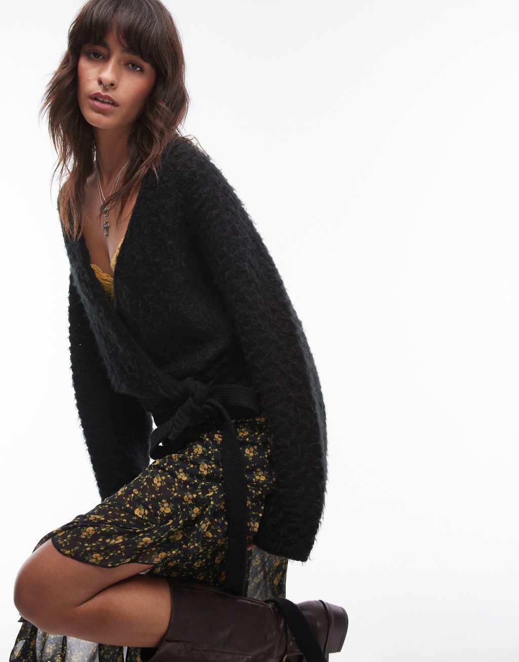 Free People soft knit wrap sweater in black product image