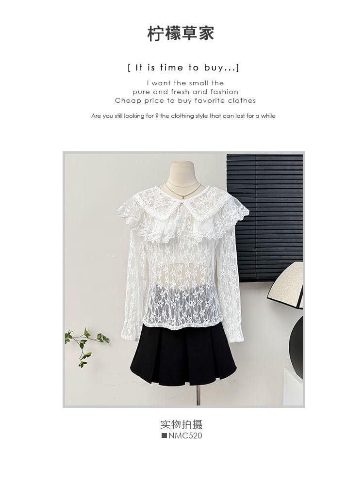 Ruffle-Collar Sheer Lace Blouse Product Image