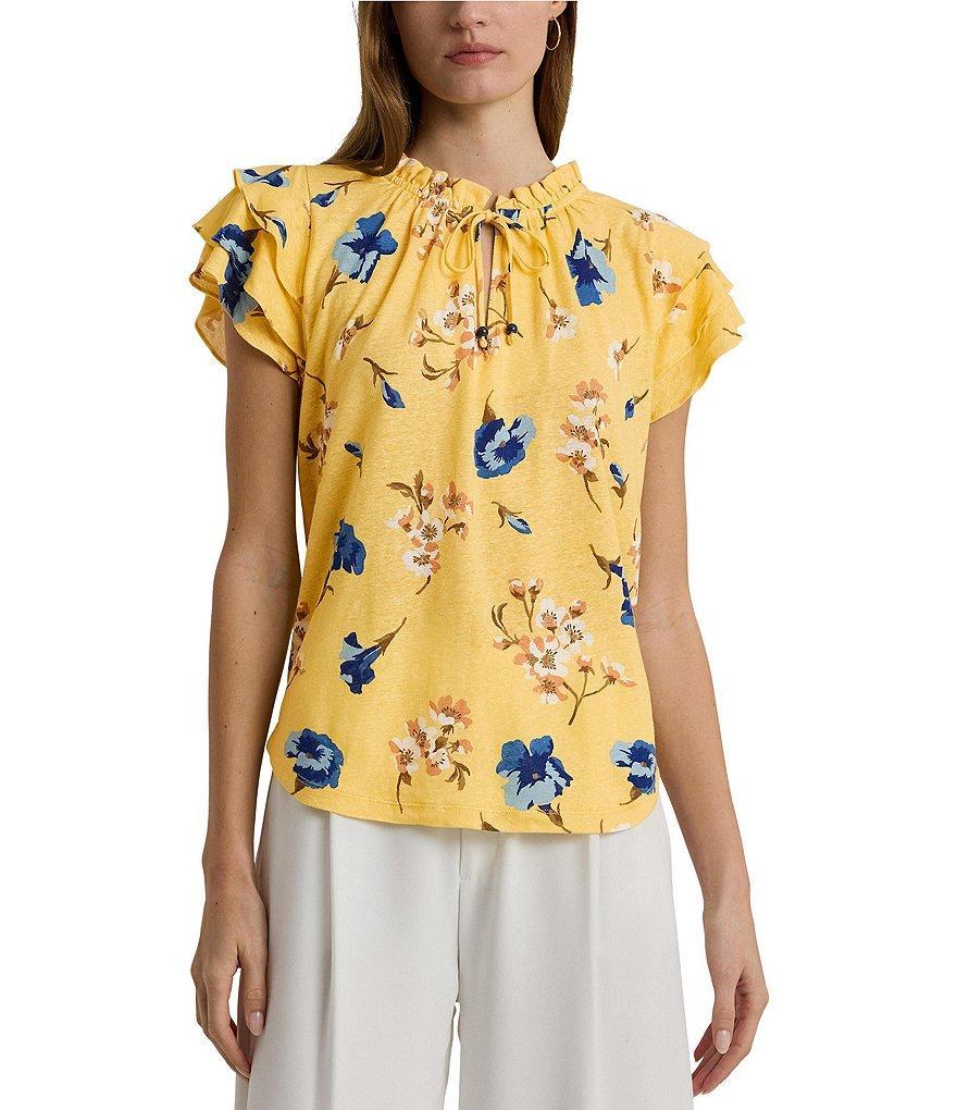 Lauren Ralph Lauren Floral Linen Blend Jersey Ruffle Trim Tie-Neck Short Flutter Sleeves Top product image