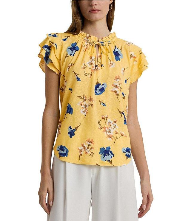 Lauren Ralph Lauren Floral Linen Blend Jersey Ruffle Trim Tie-Neck Short Flutter Sleeves Top Product Image