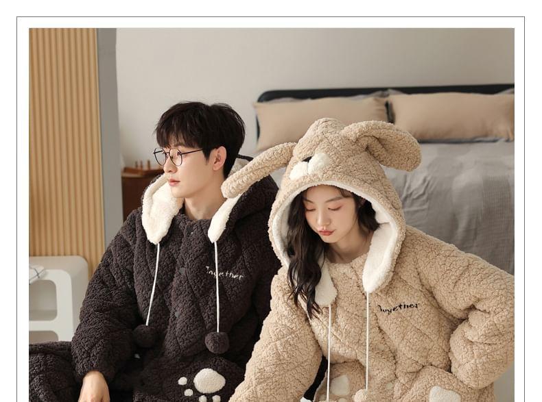 Couple Matching Pajama Set: Cartoon Patterned Hood Coral Fleece Button Jacket + Straight Leg Pants Product Image