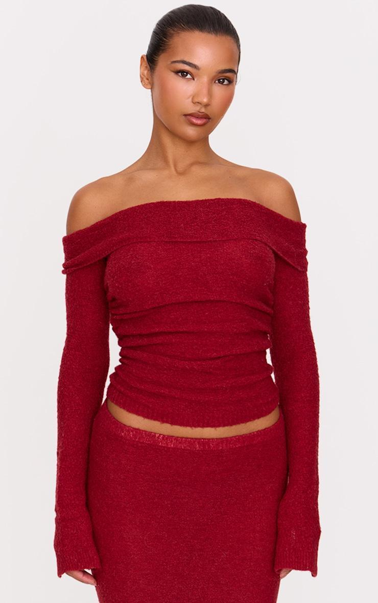 Burgundy Bobble Knit Ruched Side Asymmetric Fold Over Top Product Image