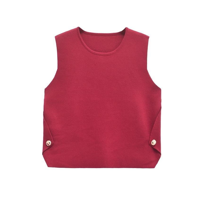 Round Neck Plain Button Detail Ribbed Knit Vest Product Image