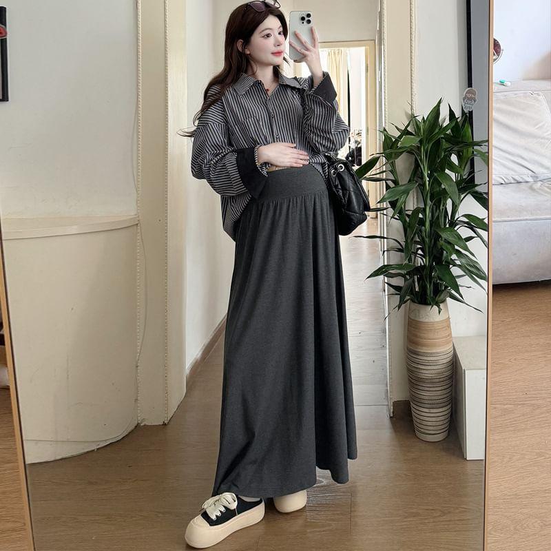 Maternity Long Sleeve Collared Striped Shirt / Elastic Waist Plain Maxi A-Line Skirt Product Image