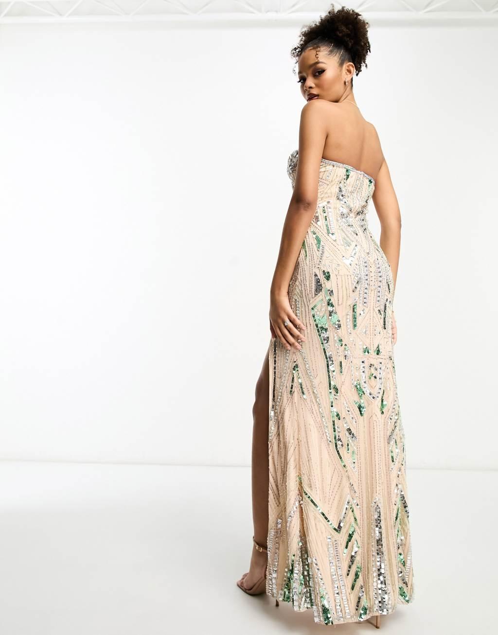 ASOS DESIGN embellished sequin bandeau maxi dress in beige and mint Product Image