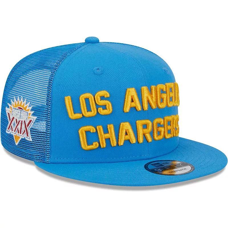 Mens New Era Powder Blue Los Angeles Chargers Stacked Trucker 9FIFTY Snapback Hat Product Image