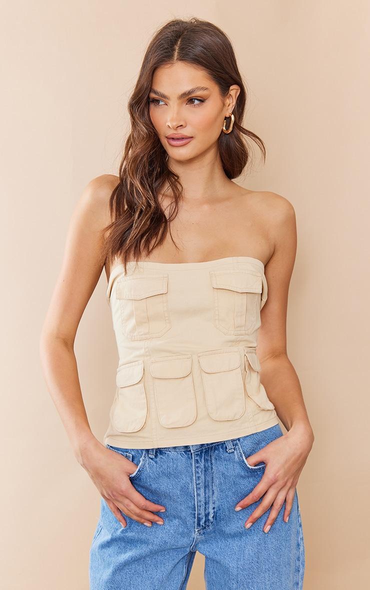 Tall Beige Cargo Pocket Detail Corset Top Product Image